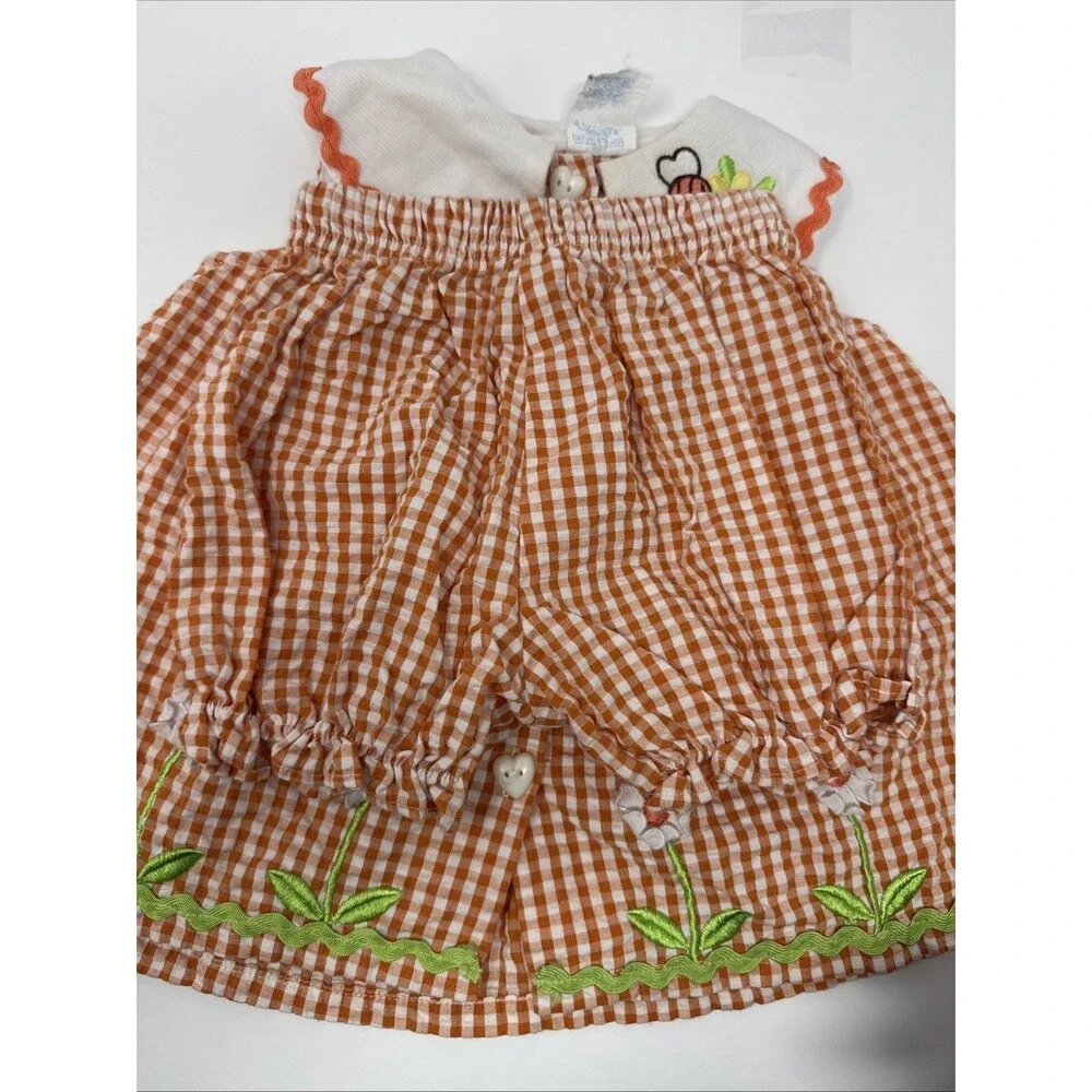 Vintage Cradle Togs Baby Girl Orange Gingham Dress Flower Bee Outfit w/ hat 12M